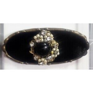 Oval Black Lacquered Brooch w/ Rhinestones And Faux Pearls CS 11/89 VTG
